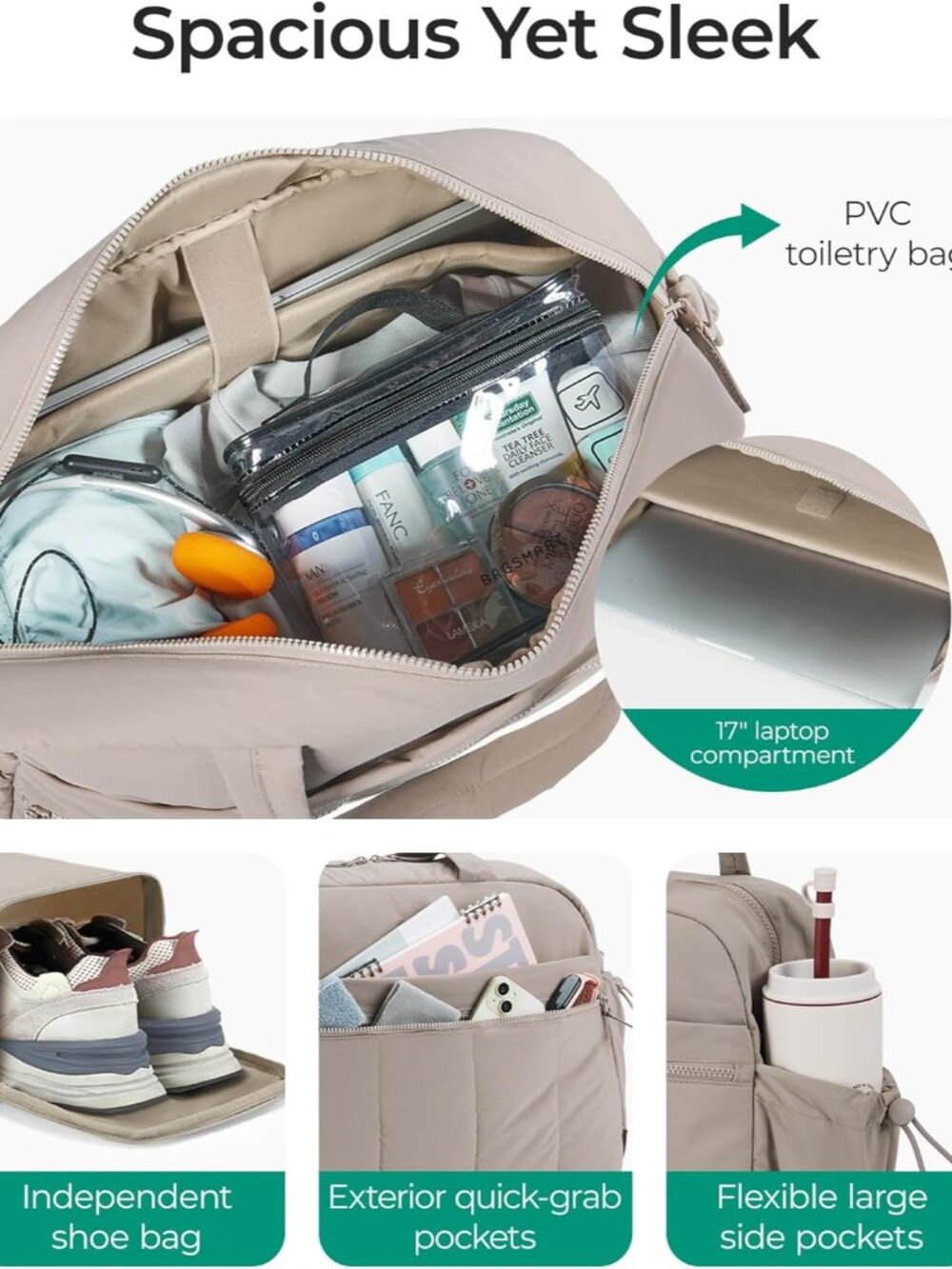 Gym Bag for Women, Duffle Bag for Travel with Wet Pocket, Lightweight Carry on W - Picture 3 of 6